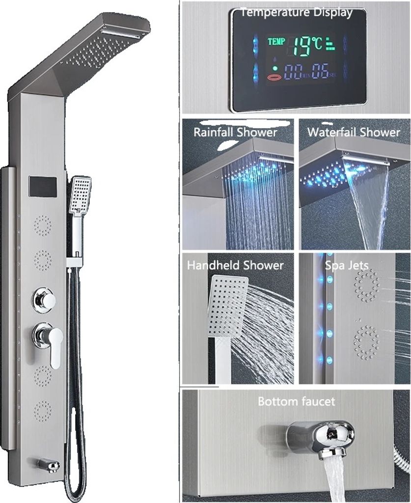 Bürstete Nickel-Duschpaneel, LED-Lichtfunktion, SPA-Massage-Düsen, 8003 Gebürstet