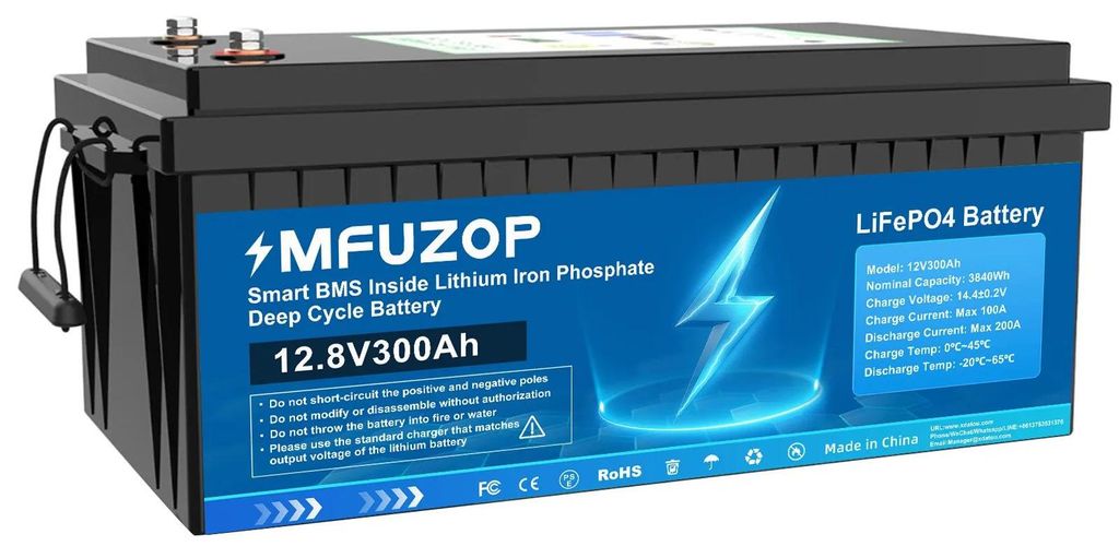12V 300Ah LiFePO4 Batterie - Deep-Cycle Akku - 3840Wh - Integriertes BMS - 8000–15000 Zyklen - Reihen-/Parallelschaltung 4S4P - MF-300Ah-12V