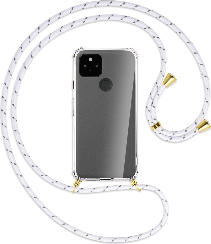 Handykette Backcover-Schutzhülle mit Band (Metall goldfarben) für Google Pixel 5a 5G - weiß/grau