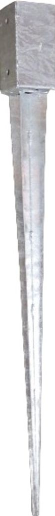 A silver metal ground sleeve for a square wooden post.