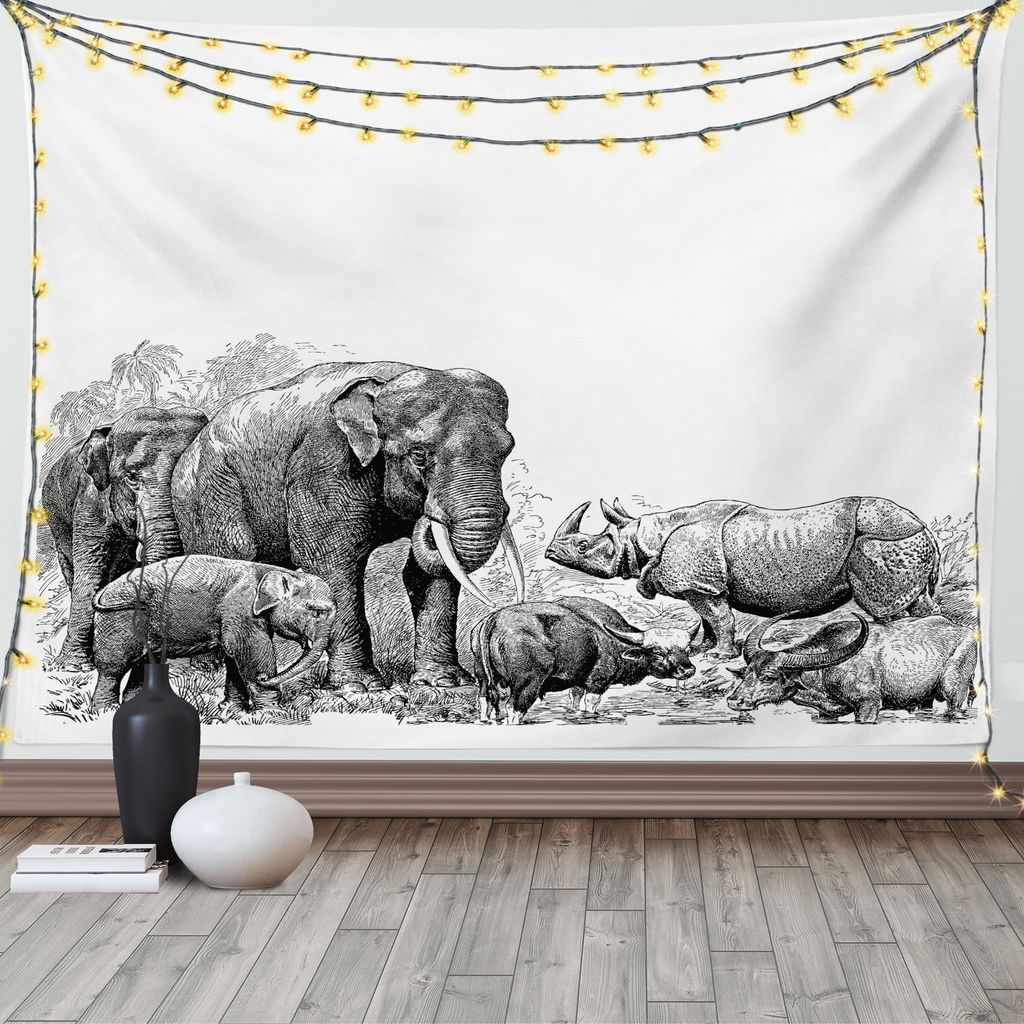 ABAKUHAUS Schwarz-Weiss Wandteppich, Elefanten, Wohnzimmer Schlafzimmer Wandtuch Seidiges Satin Wandteppich, 150 x 100 cm, Weiß und Schwarz