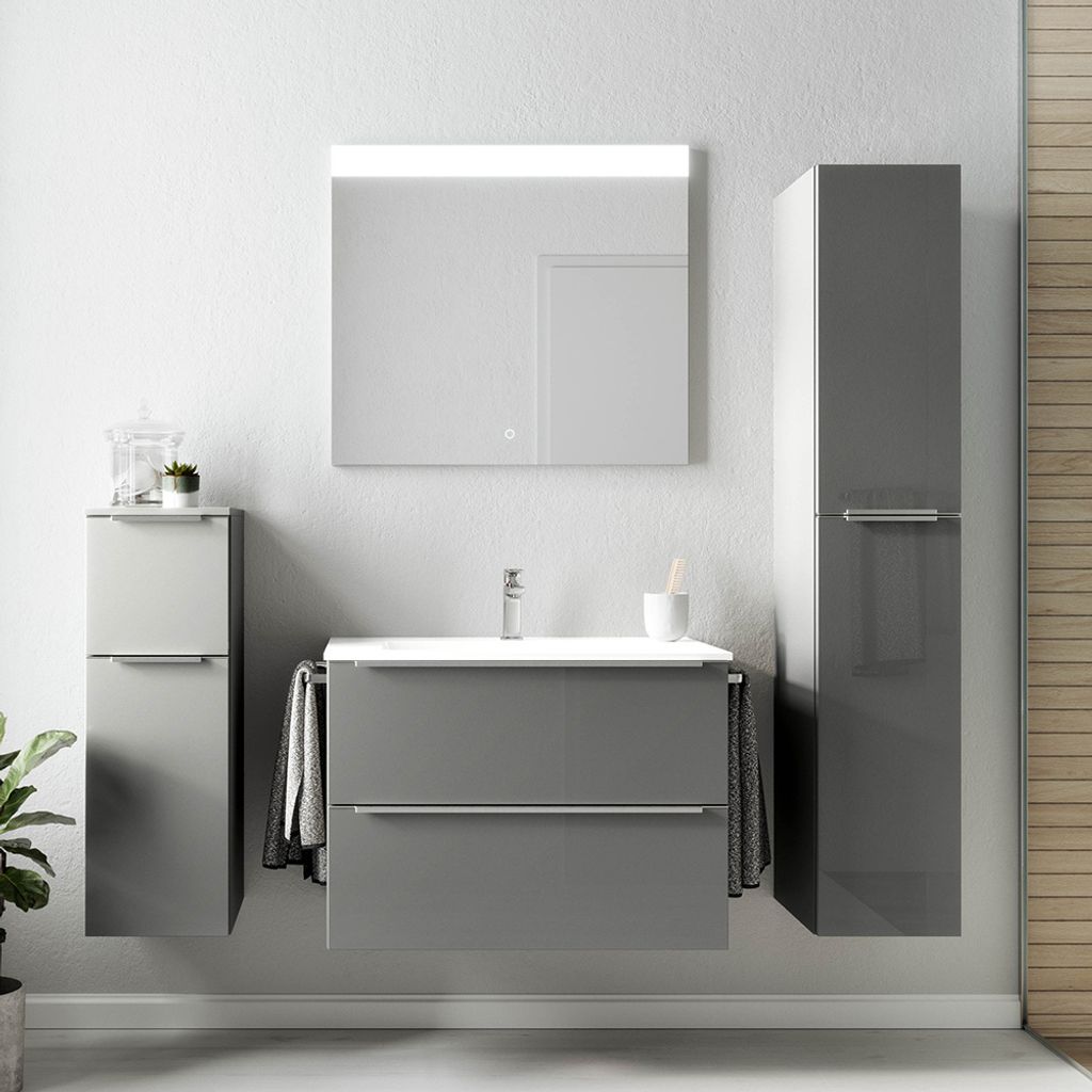 Badezimmermöbel Komplett Set mit 81cm Waschtisch, Spiegel und LED Beleuchtung, Griffleisten edelstahlfarben, Hochglanz grau, PALERMO-136-GREY, B/H...