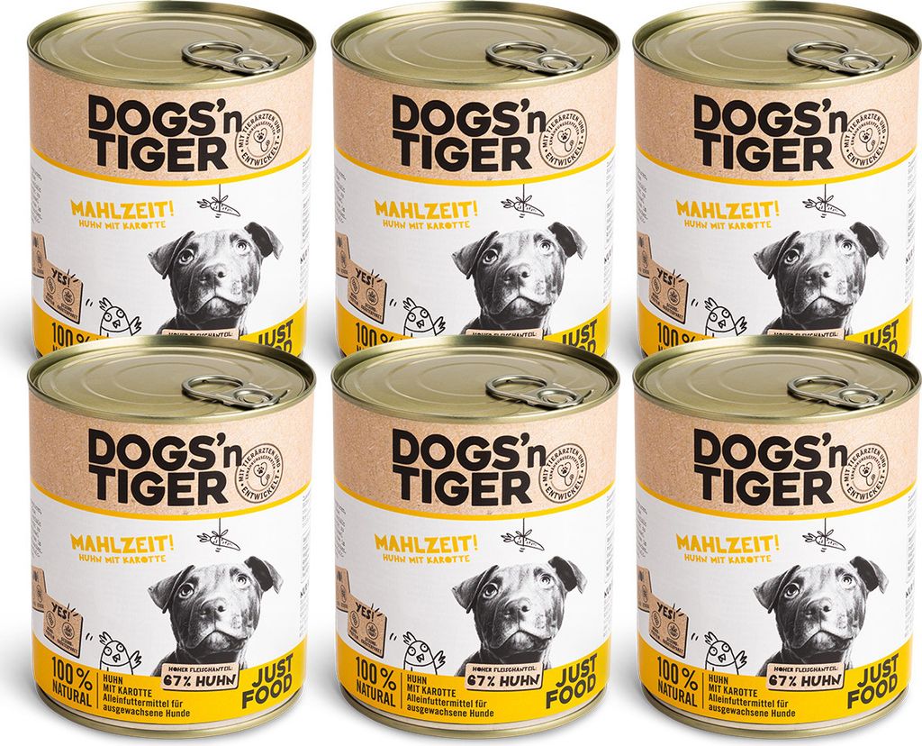 Dogs’n Tiger Adult Premium Hundefutter, Nassfutter, Getreidefrei, Mahlzeit, Huhn & Karotte, 6x800g