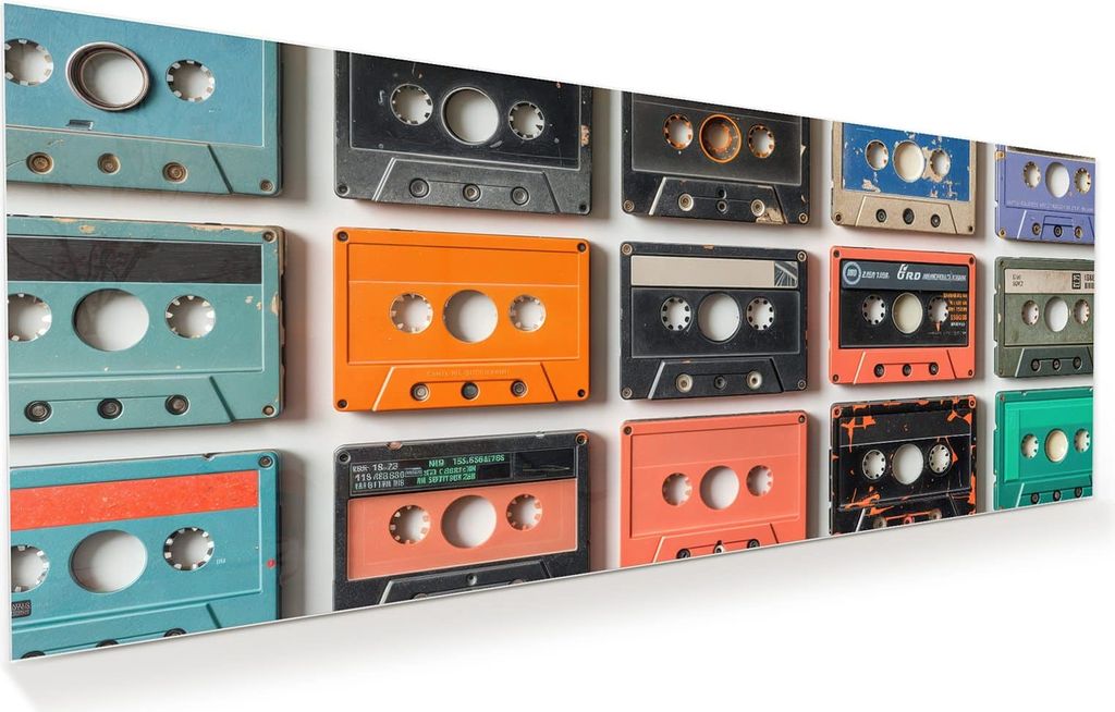 Glasbild 100x40cm in XXL für Wohnzimmer, Schlafzimmer Motiv Vintage Kassetten Plakat