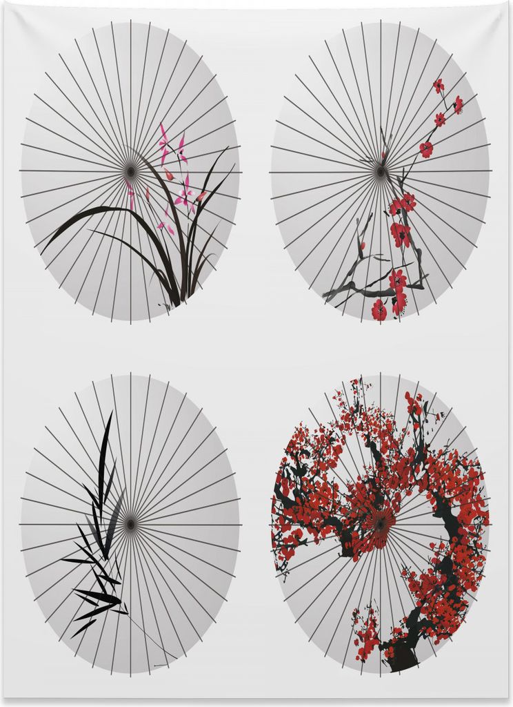 Abakuhaus Stoff Wandteppich, Blumenkunst auf Regenschirm aus Weiches Mikrofaser Stoff Kein Verblassen Klare Farben Waschbar, 110 x 150 cm, Weiß Rot