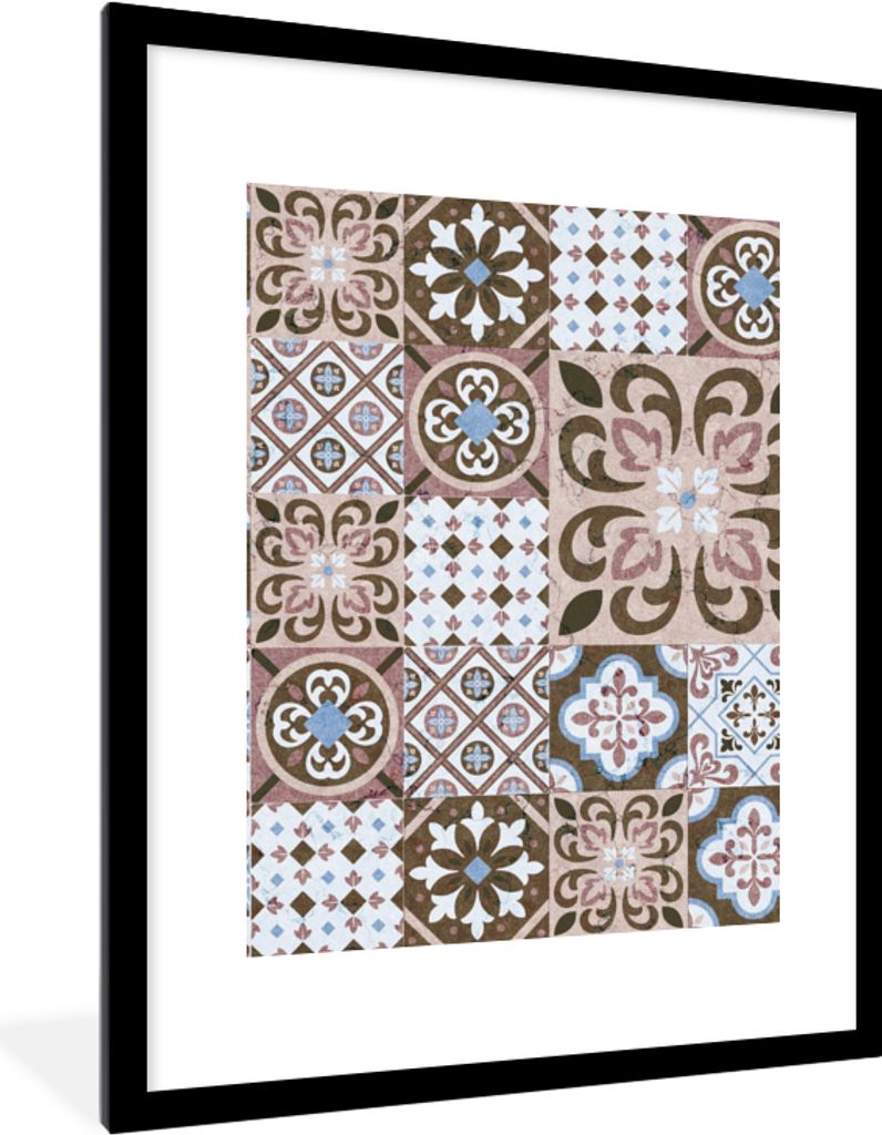 MuchoWow Gerahmtes Poster Muster - Vintage - Braun - Blumen - Formen 60x80 cm - Poster mit Schwarzem Bilderrahmen Wandposter Rahmen Foto Bilder -...