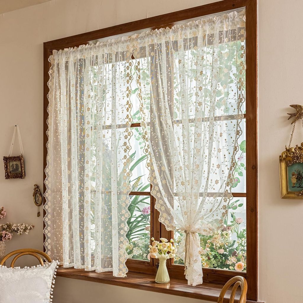 Omgoods - Kurzes Küchenvorhang aus Voile mit Blumenmuster, Produktbild 