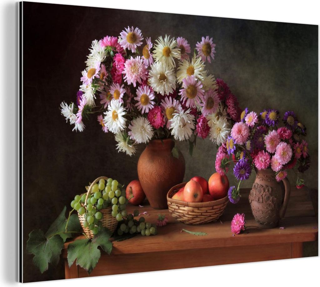 MuchoWow Wanddekoration Metall Metallbild Wandkunst 150x100 cm Blumen - Obst - Stilleben - Rosa MuchoWow Aluminium Gemälde - Alu Dibond Bild