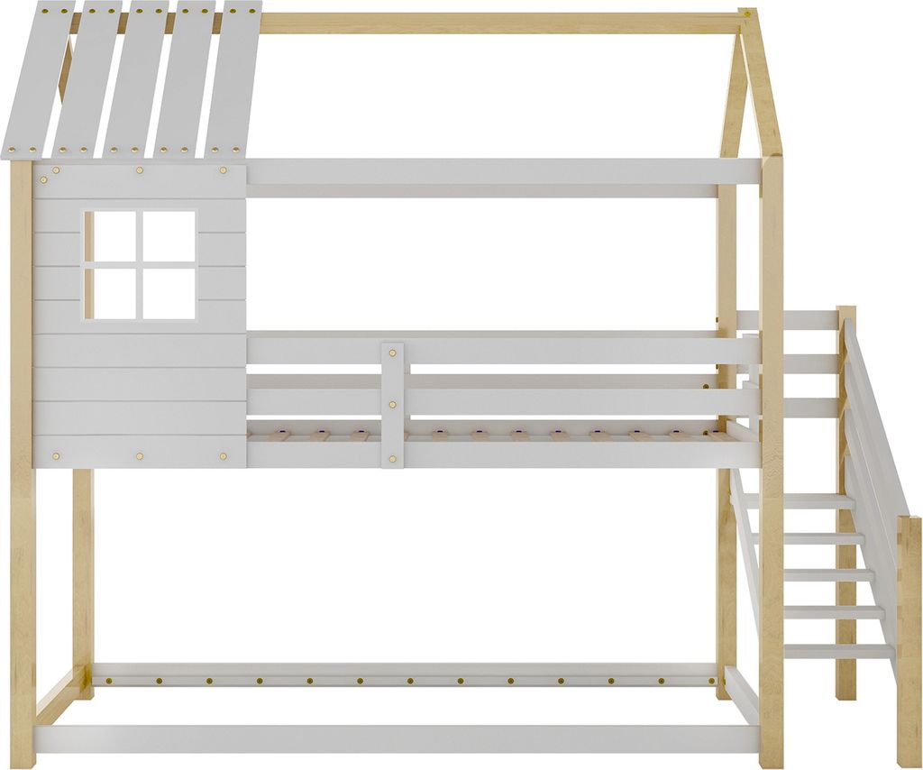 Etagenbett, Bett mit Ecktreppe, mit Fallschutz und Gitter Hausbett, mit Fenster, Rahmen aus Kiefer, weiß+natur (200x90cm)