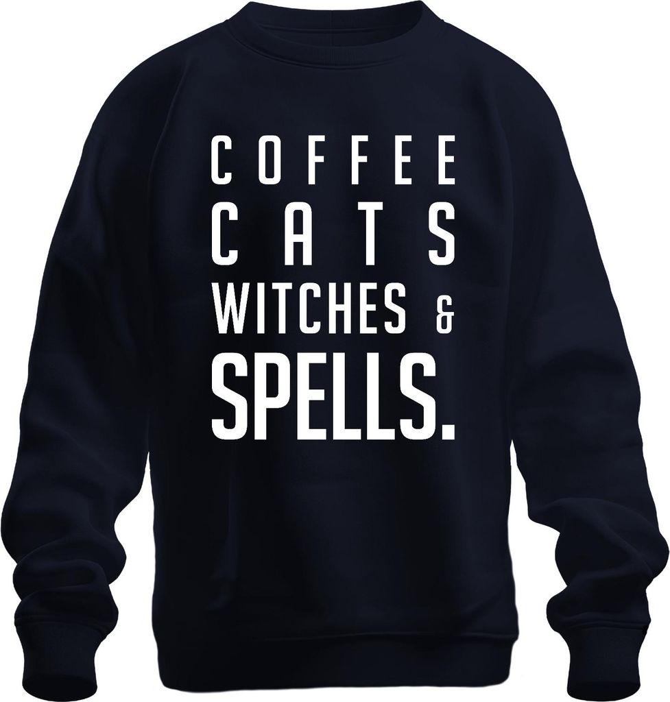 COFFEE CATS WITCHES & SPELLS. Kaffeeliebhaber Katzenfan Halloween Uni Sweatshirt Pullover, Navy, XL
