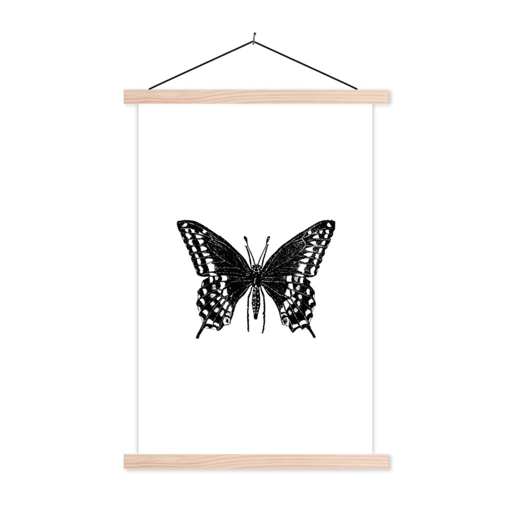 MuchoWow Textilposter Schmetterling - Tiere - Retro - Schwarz und weiß 60x90 cm mit holzfarbenen Rahmen - Textil
