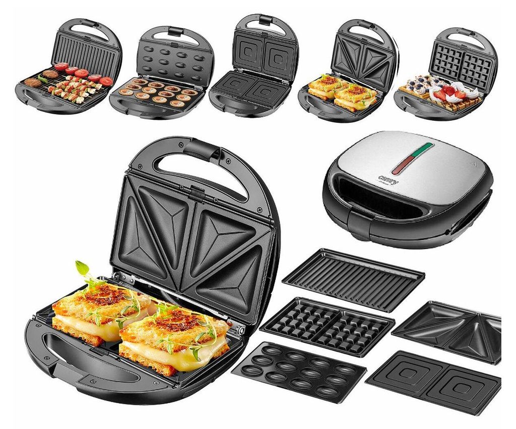 A collage of a Camry 5-in-1 sandwich maker with various interchangeable plates and examples of food made with it.