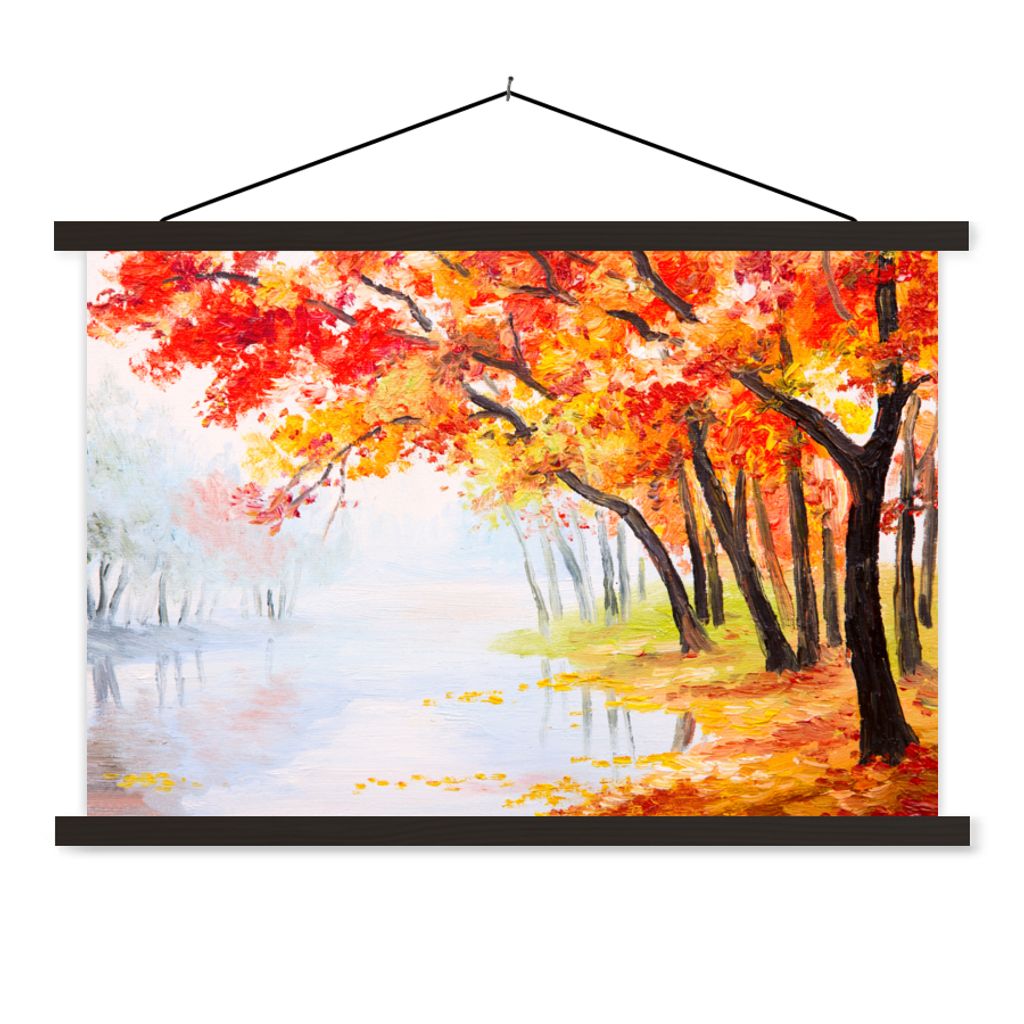 MuchoWow Textilposter Gemälde - Herbst - Bäume - Wasser - Ölfarbe 60x40 cm mit schwarzem Rahmen - Hölzernes