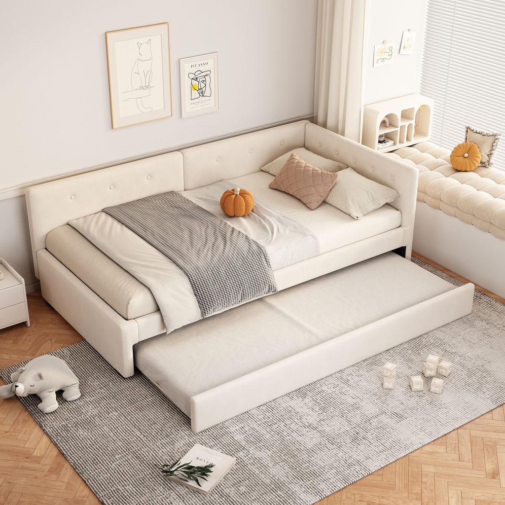 okwish Schlafsofa Daybett 90x200cm mit Ausziehbarem Unterbett 90x190cm, Tagesbett Kinderbett Jugendbett mit Lattenrost aus Holz(Ohne Matratze)- Beige