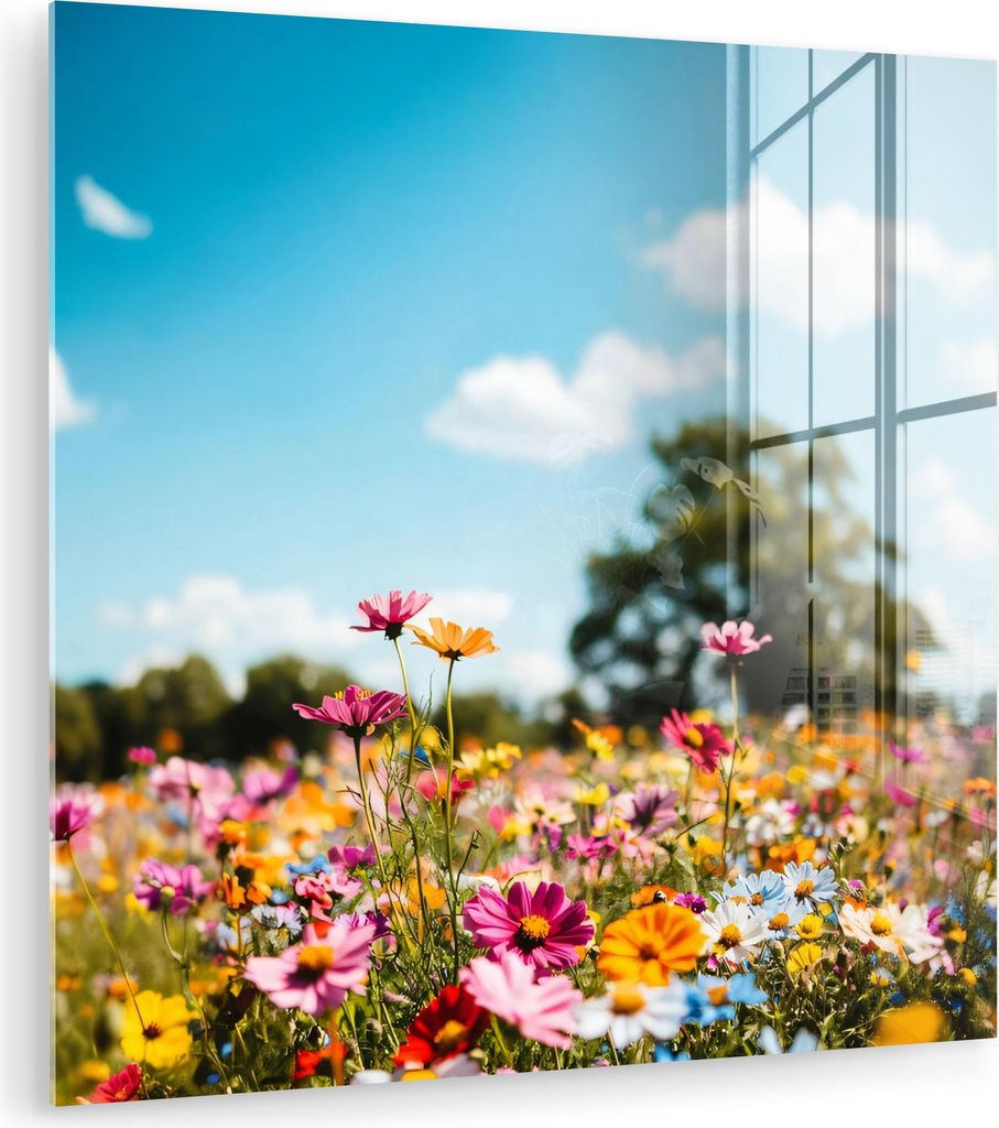 MuchoWow Glasbilder - Bilder auf Wandbild - Foto auf Glas Blumenwiese - Blau - Himmel - Farben 40x40 cm Wanddekoration aus Glas - Acrylglasbild - A...