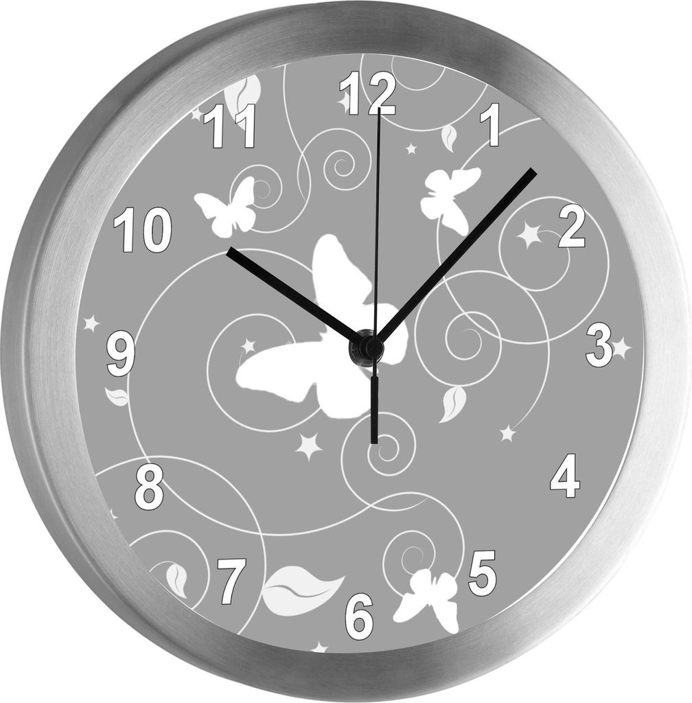 Funkuhr, Kinder Wanduhr, Kinderuhr, Kinderzimmer Schmetterling Ornamente grau