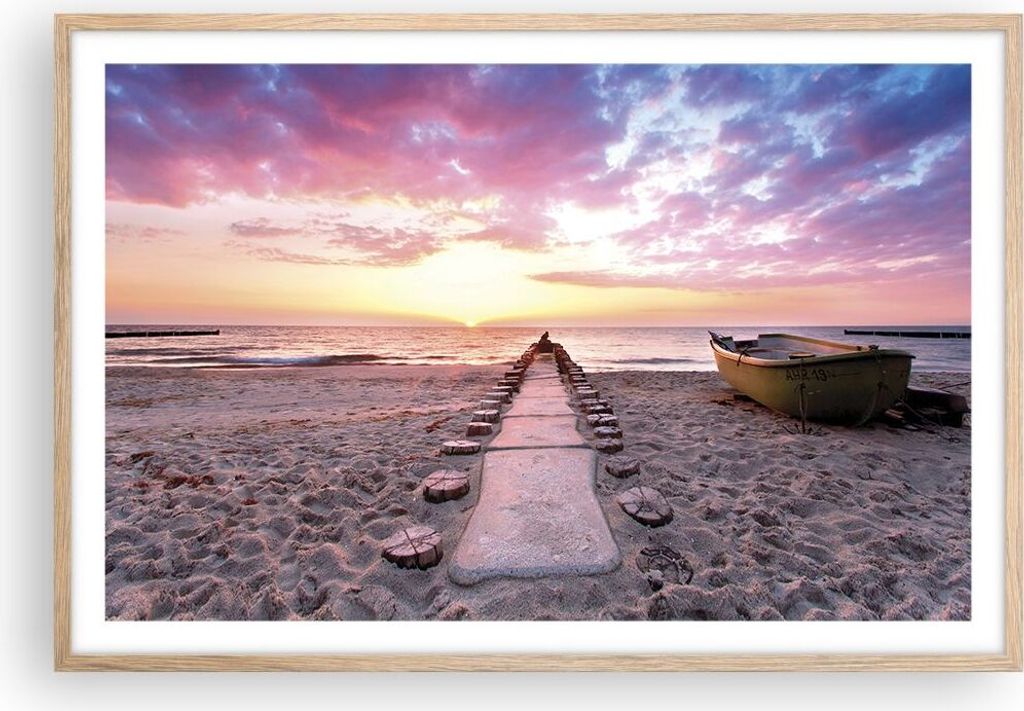 Gerahmtes Poster - Rahmen in heller Eiche - Boot Strand Himmel - 91,5x61 cm - Wand Bild - Wanddeko - Wandbilder - Kunstposter - Wandposter - Bilder...