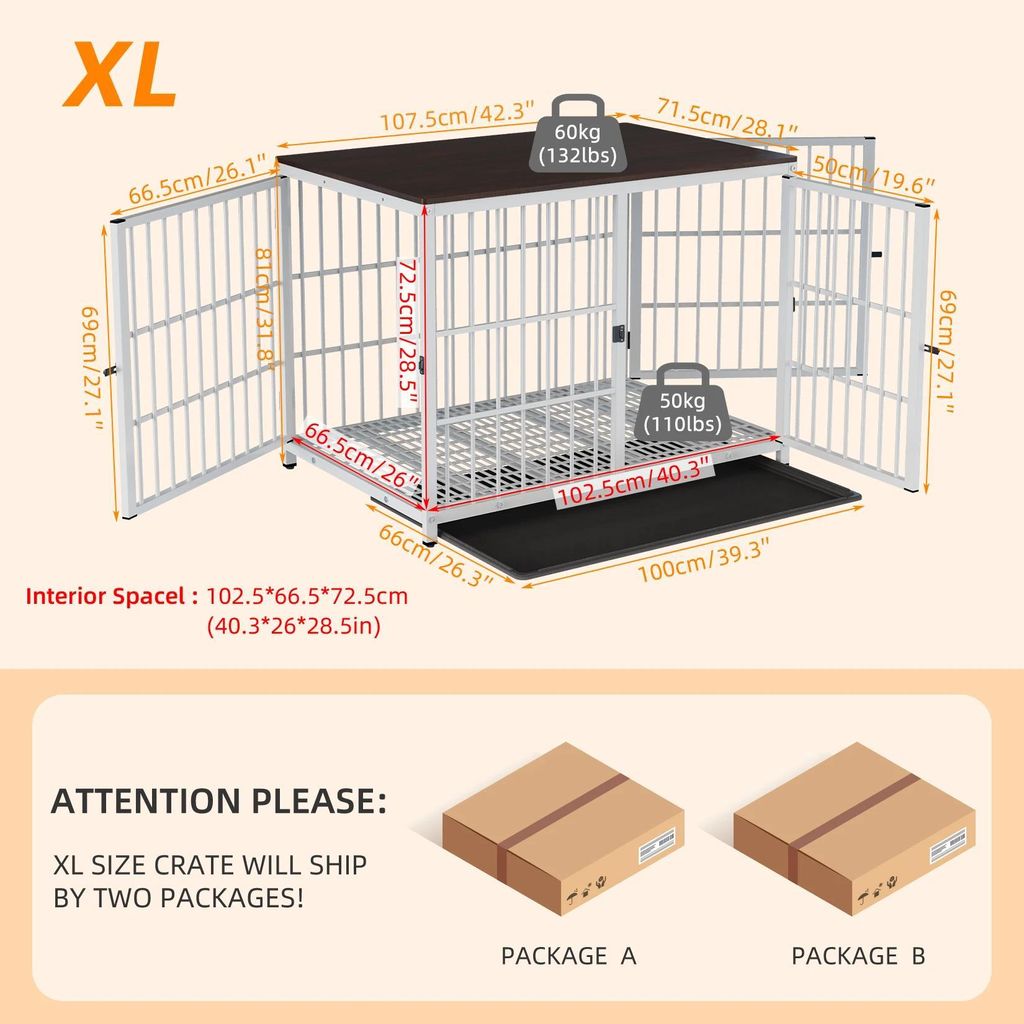 Hundebox Möbel - Indoor Hundekäfig - Holz Beistelltisch mit 3 Türen - Herausnehmbare Bodenschale - Dekorativer Couchtisch - Weiß XL
