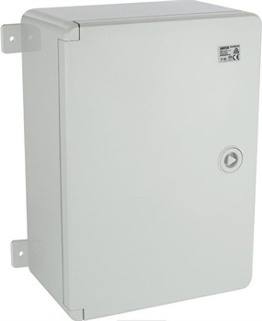 A light gray industrial enclosure is shown against a white background.