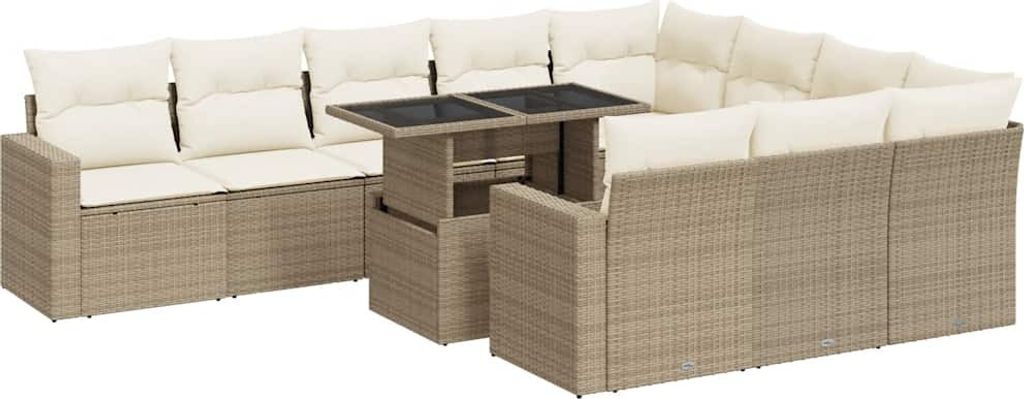 vidaXL 11-tlg. Garten-Sofagarnitur mit Kissen Beige Poly Rattan