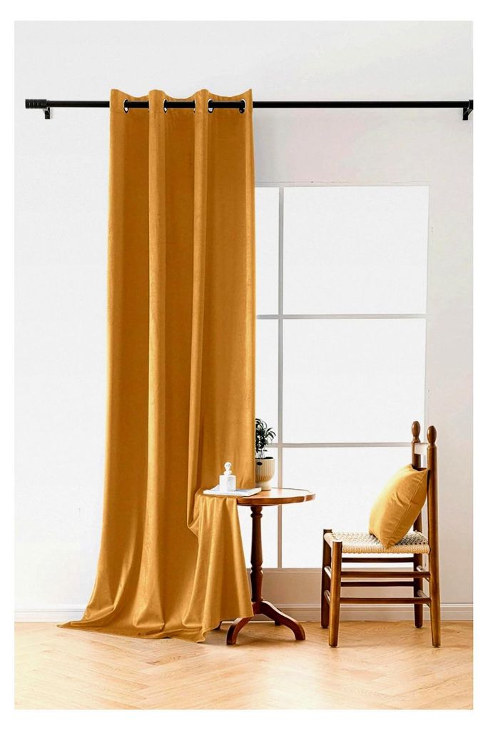 Velours Gardinen 270x140 cm - Vorhänge für Fenster und Balkontür - Blickdichte Vorhänge mit Ösen - Verdunkelungsvorhang - Senf