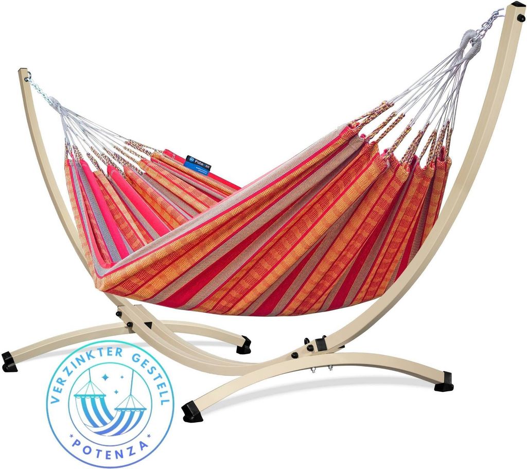 Potenza Outdoor Hängematte mit Verzinkter Gestell für 2 Personen I 100% Baumwolle Pereira Doppelhängematte 230x160 cm, 200kg I Ecru Hängematten...