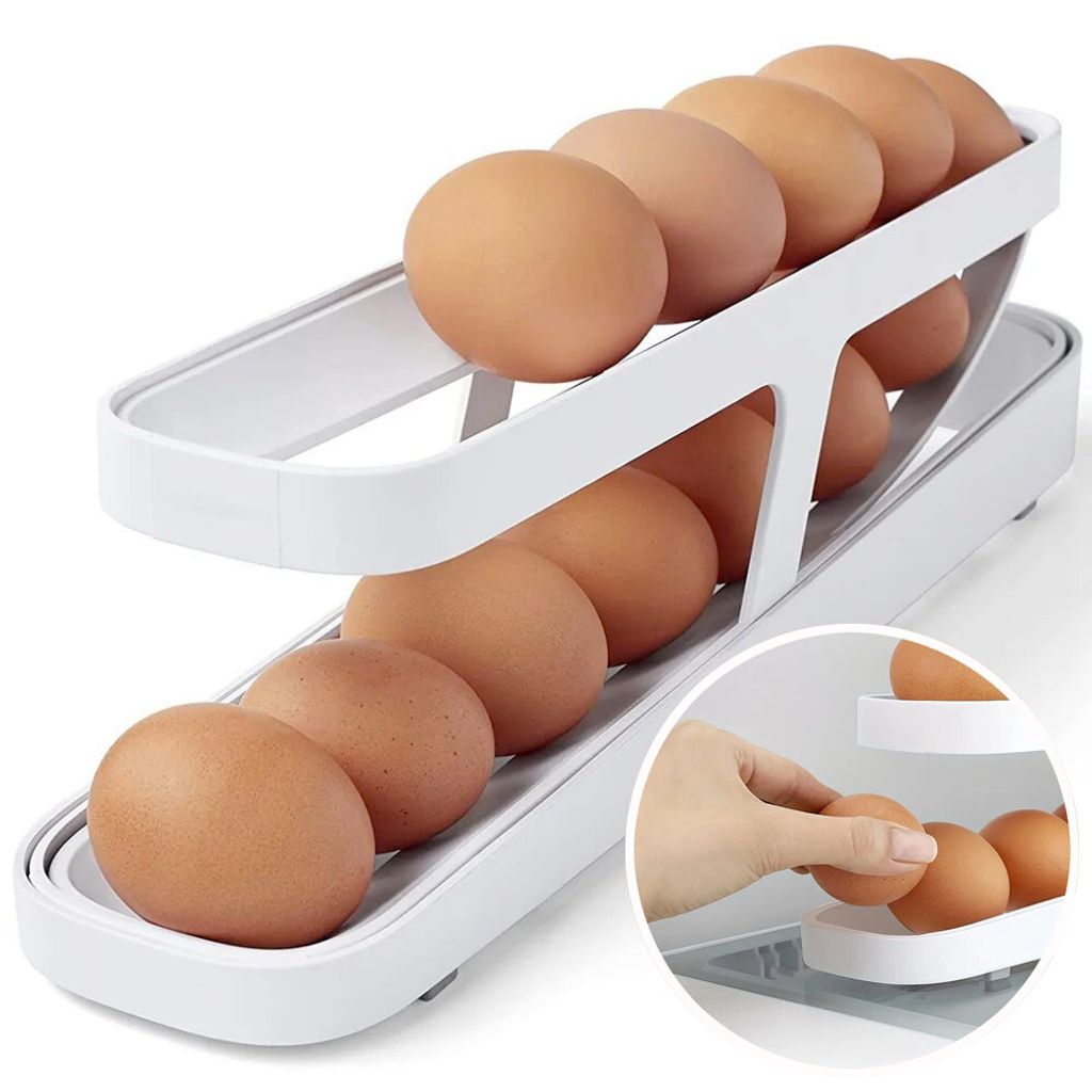 A two-tiered egg holder with eggs on a white background.