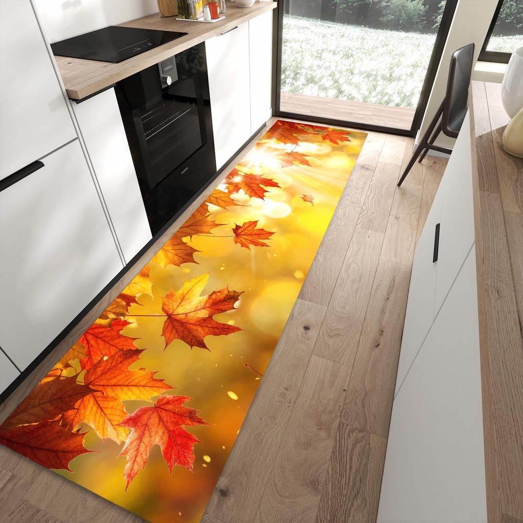 Küchenteppich 80x300cm rutschfest & abwischbar PVC Läufer - Herbstblätter Sonne