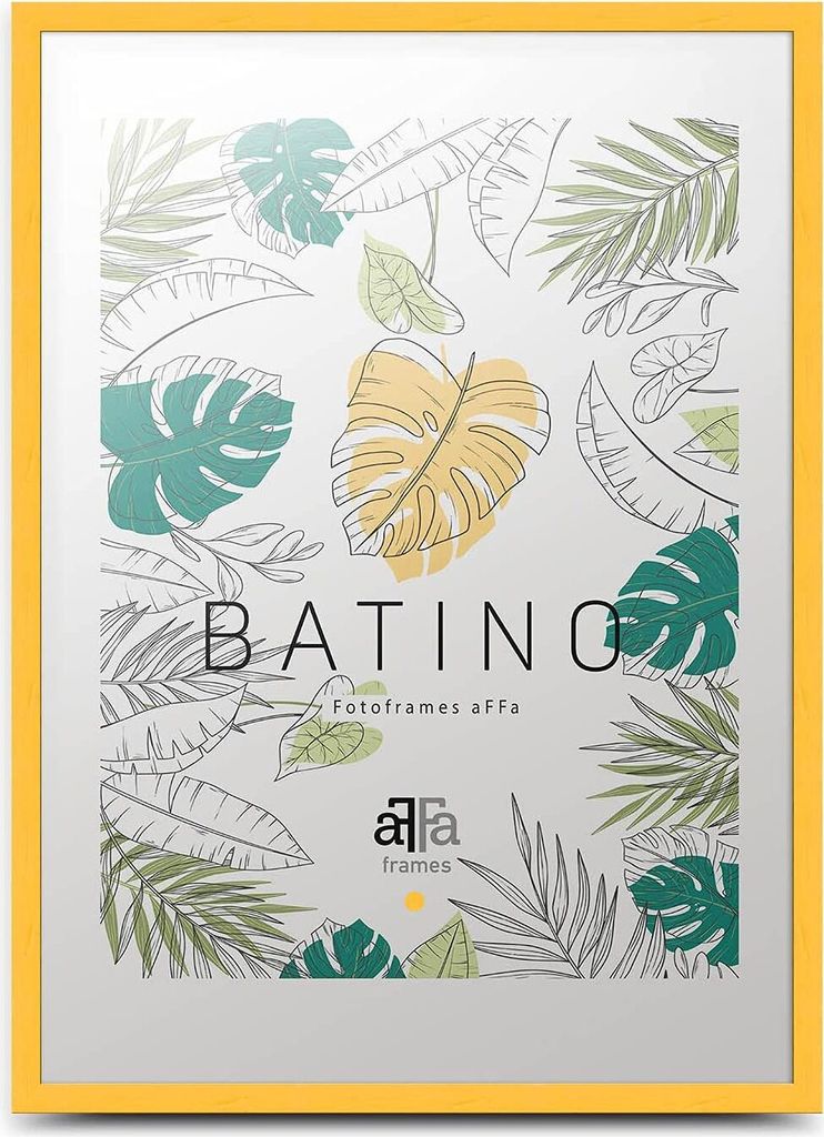 A yellow picture frame with a botanical illustration background.