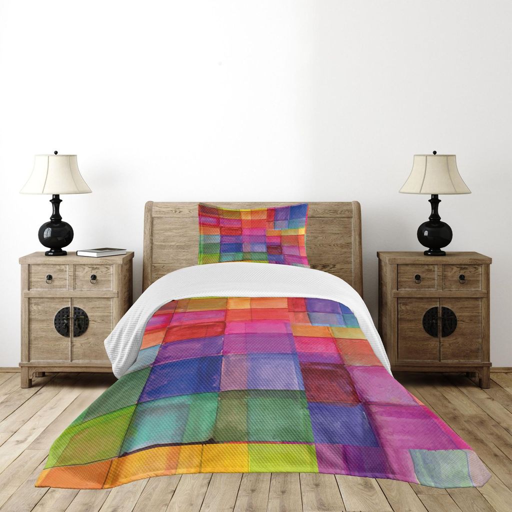 ABAKUHAUS Abstrakt Tagesdecke Set, Regenbogen Farbiges Geometrisches Quadrat Geformte Motiven Aquarell Design, 170 x 220 cm, Mehrfarbig