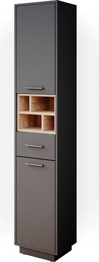 A tall, narrow cabinet with multiple compartments and drawers, shown against a white background.