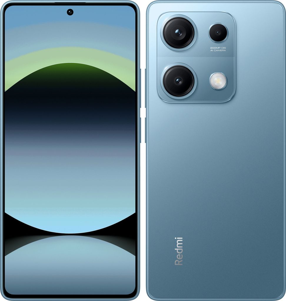 A blue smartphone is shown from the front and back, displaying its camera module and screen.