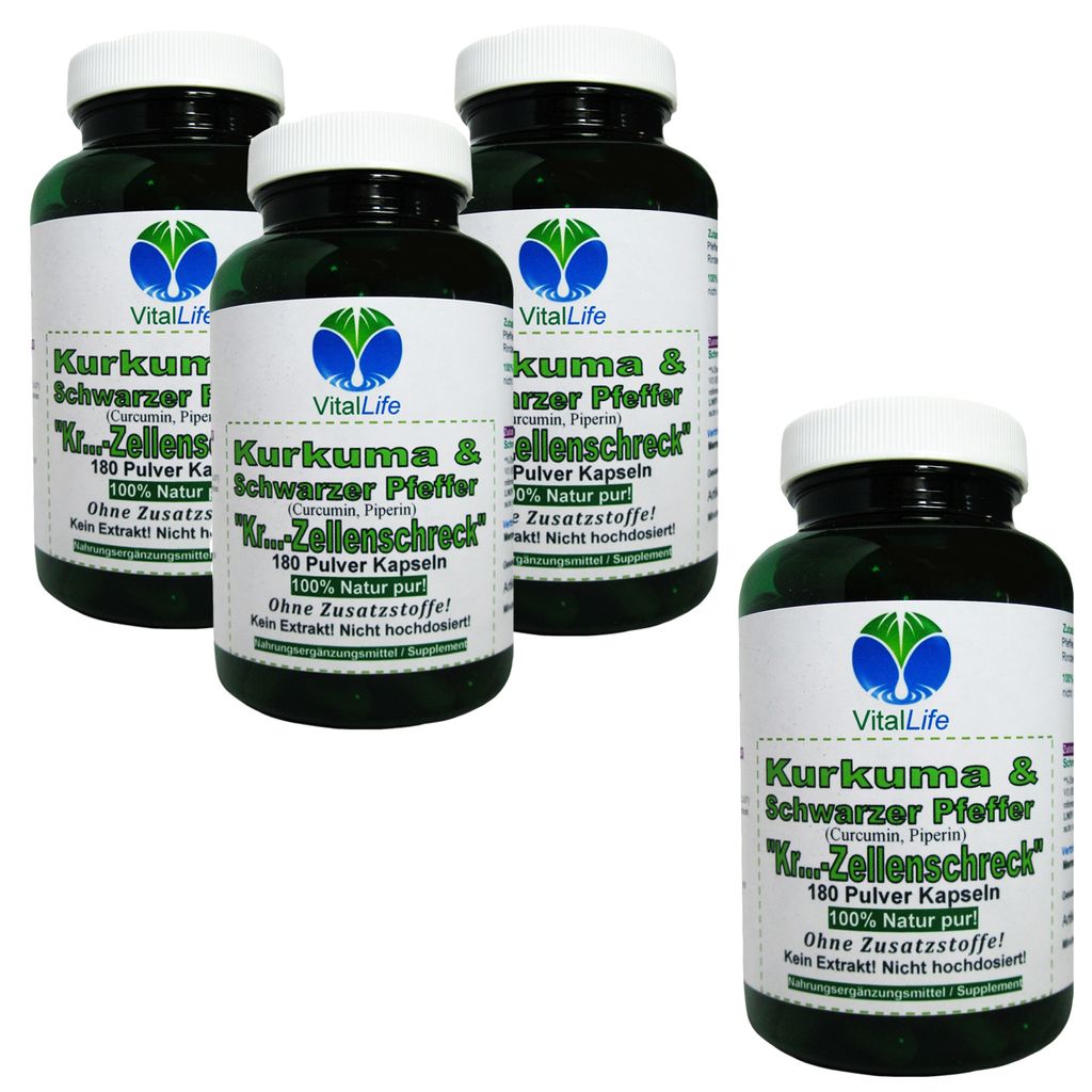 Kurkuma & Schwarzer Pfeffer 720 (4x180) Pulver Kapseln NATUR Pur NICHT hochdosiert KEIN Extrakt OHNE Zusatzstoffe.