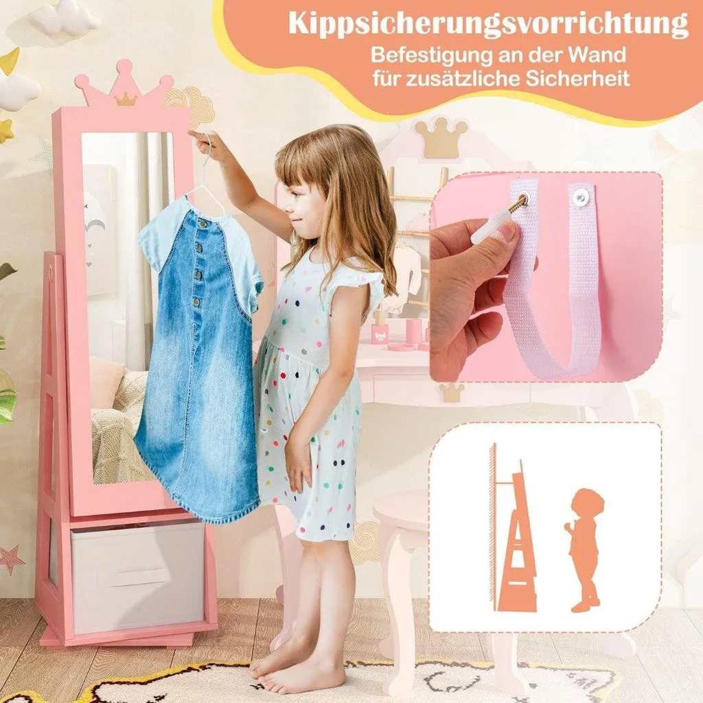 Armoire bijoux rose enfant gain de place miroir inclinable antichoc