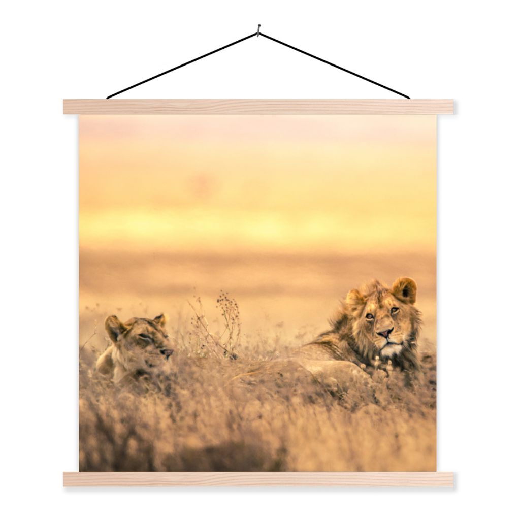 MuchoWow Textilposter Löwen - Gras - Himmel 60x60 cm mit holzfarbenen Rahmen - Wanddekoration