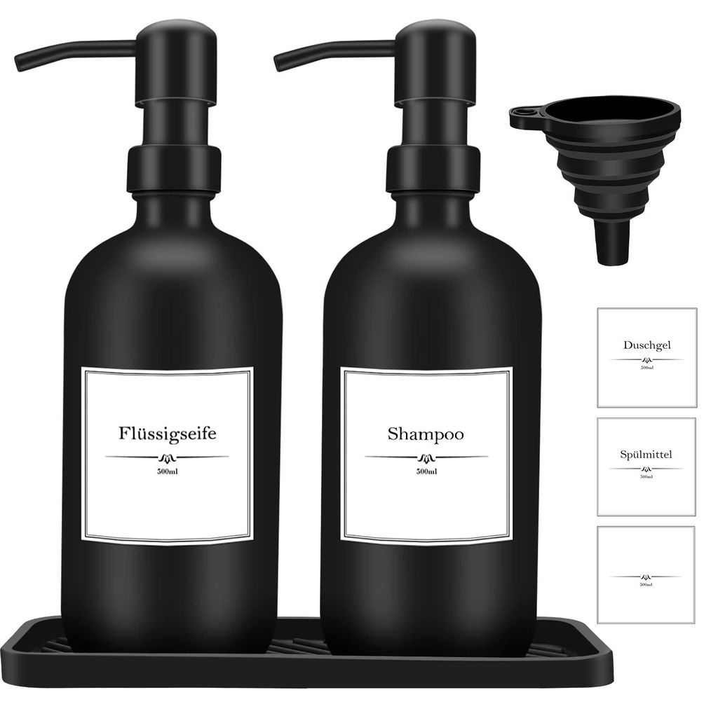 Seifenspender-Set aus Glas, 2 x 500 ml Spülmittelspender, Badezimmer-Set mit Silikonschale und Trichter, nachfüllbare Pumpspender, Shampoo-, Loti...