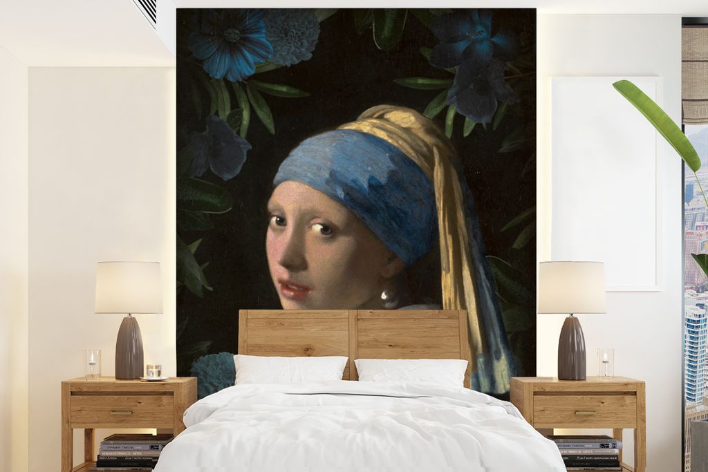 MuchoWow Fototapete für Wohnzimmer oder Schlafzimmer Wandtapete Vinyl Motivtapete Mädchen mit Perlenohrring - Vermeer - Blumen - Blau - 190x260...