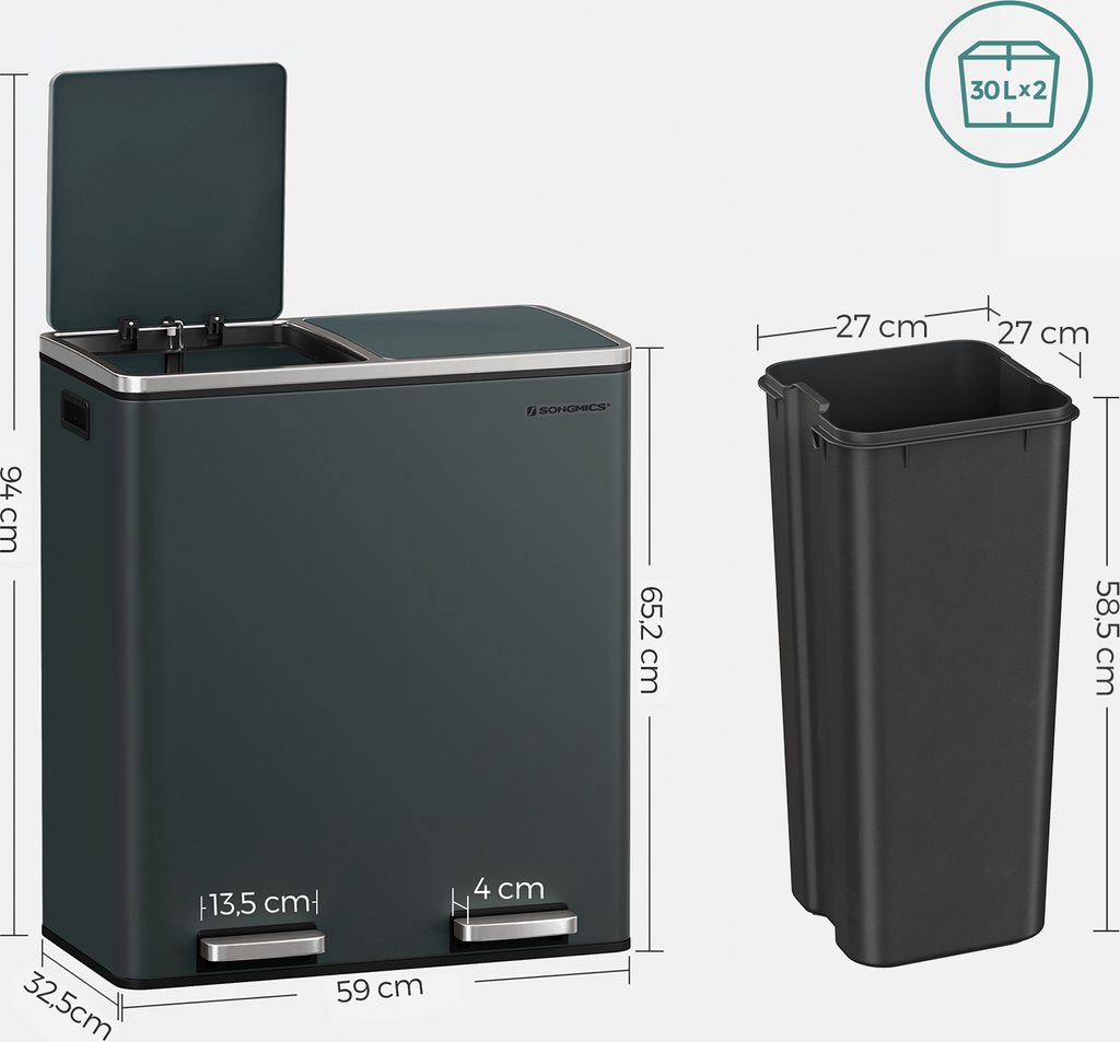 SONGMICS Mülleimer 60L mit Müllbeutel mit 2 Fächern 2 x 30 Produktbild 10