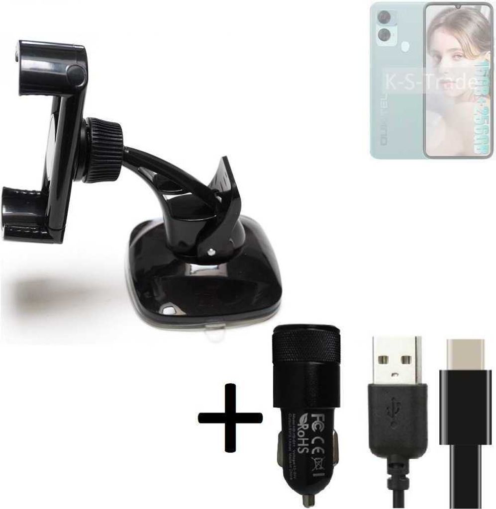 K-S-Trade Handy-Halterung kompatibel mit Oukitel C33 Windschutzscheibe / Armaturenbrett + LADEGERÄT mit Mico USB Kabel Autohalterung