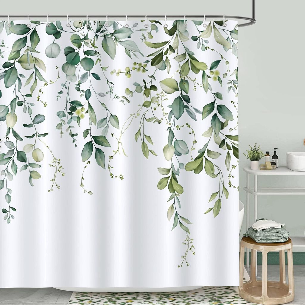 Duschvorhang mit grünen Eukalyptusblättern, 180 x 180 cm, schimmelresistent, wasserdicht, Polyestergewebe, waschbar, Badezimmervorhang mit 12 Haken