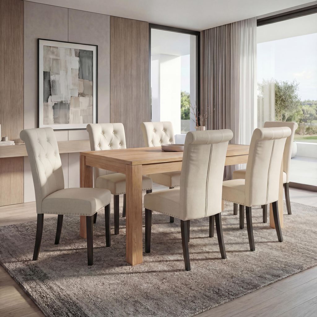 6er-Set Esszimmerstuhl Chesterfield Edinburgh II, Stuhl Küchenstuhl, Nieten Kunstleder, creme, dunkle Beine