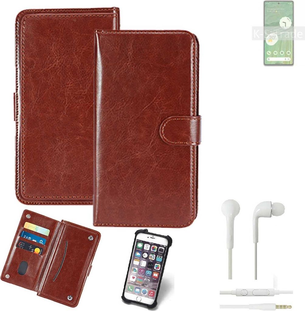 K-S-Trade 360° Hülle kompatibel mit Google Pixel 7 inkl. Headphones braun Kunstleder Case BookCase WalletCase Kunstlederederhülle Handyhülle,