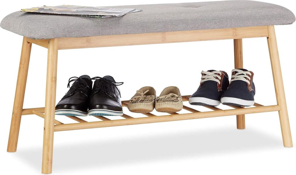 Relaxdays Schuhbank Bambus für 2 Personen, Polsterbank mit Schuhablage