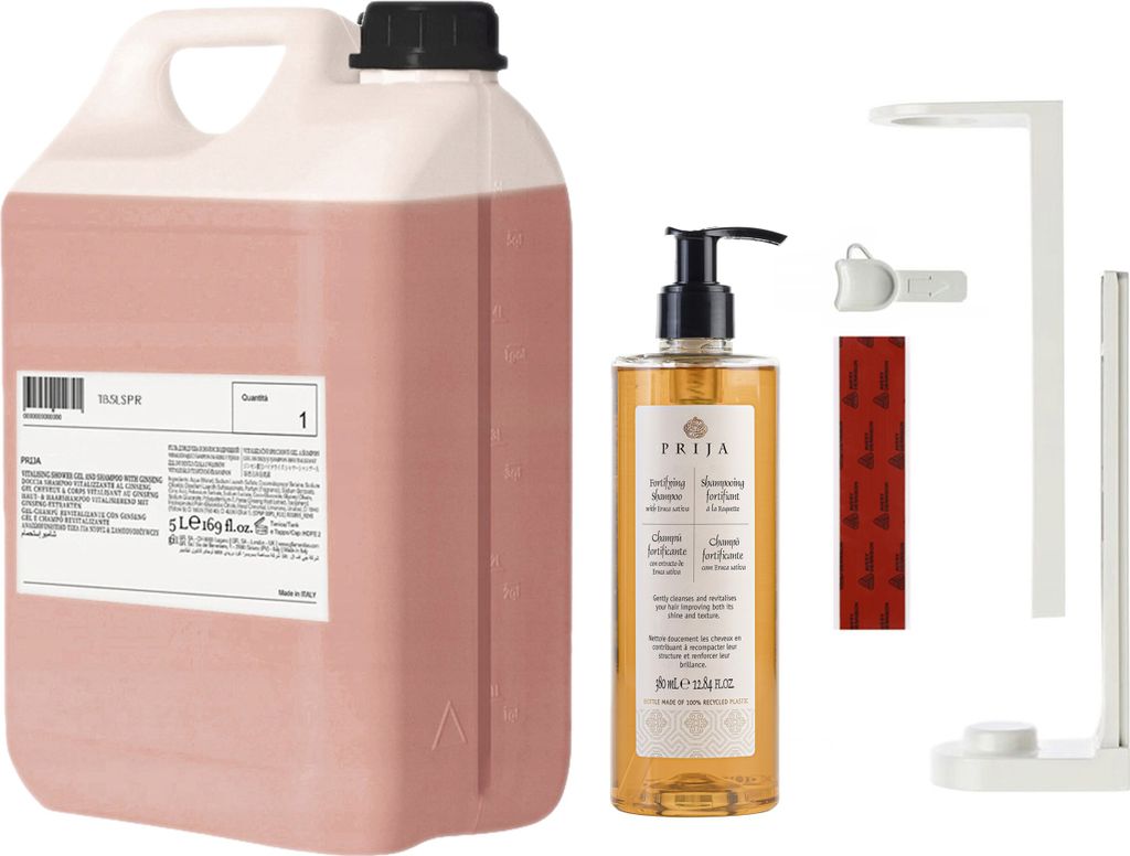 PRIJA Badezimmer-Set: weißer Flaschenhalter, 380ml Rucola-Shampoo + 5l Vorrat
