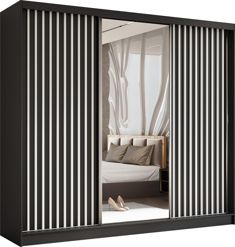 Masseno Schiebetürenschrank LAMELLO 240 cm Kleiderschrank Schlafzimmer Schrank 3-türig mit Spiegel und Lamellen Schwarz