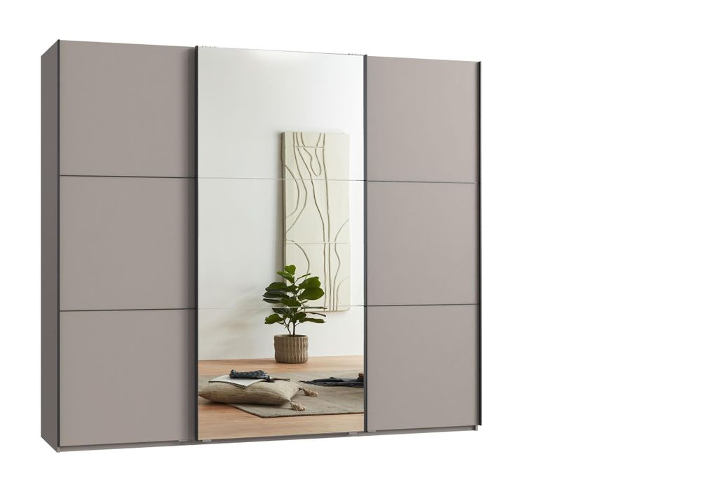 Schwebetürenschrank >indiana A< in SAHARAGRAU / SPIEGEL - 250x216x65cm (BxHxT)