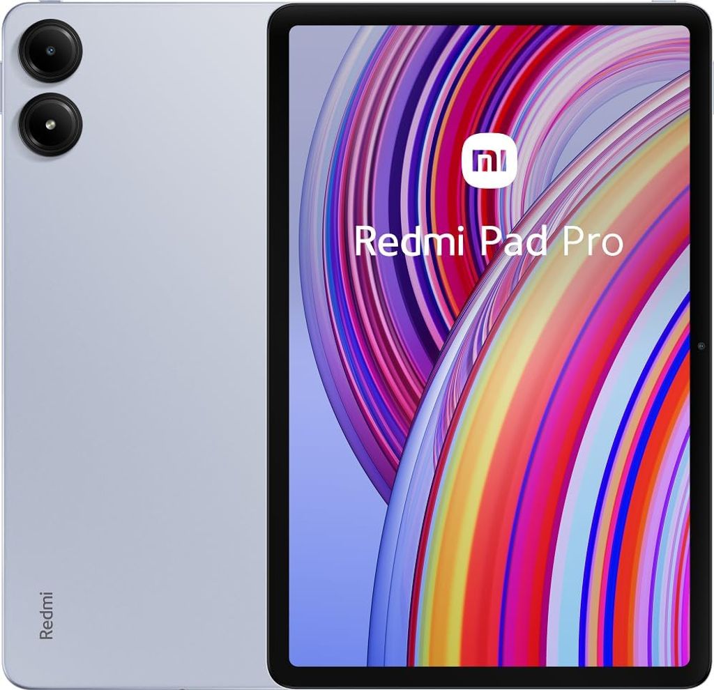 A silver tablet with a colorful wallpaper displayed on its screen.