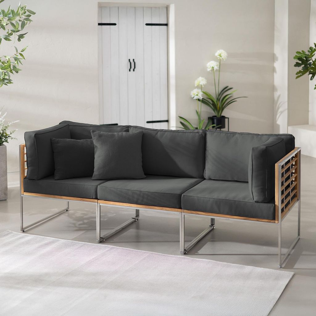 home24 Loungesofa - 3-teilig - Webstoff / Teak Massiv Produktbild 