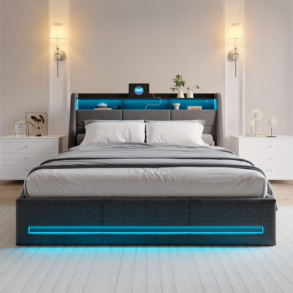 140 x 190 cm großes Bett mit Stauraum, LED- und USB-Anschluss, gepolstertes Doppelbett mit hydraulischem Stauraum für Erwachsene und Jugendliche,...