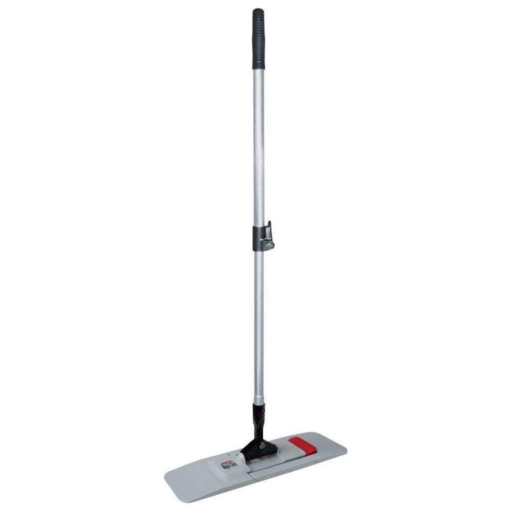 A cleaning mop with a telescopic handle is shown against a white background.